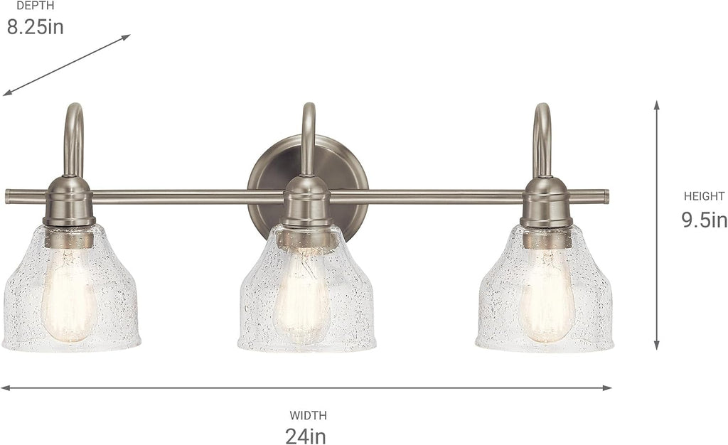 Kichler Avery 24' 3 Light Bathroom Vanity Light in Brushed Nickel, Vintage Bathroom Wall Mount Fixture with Clear Seeded Glass, (24' W x 9.25' H), 45973NI
