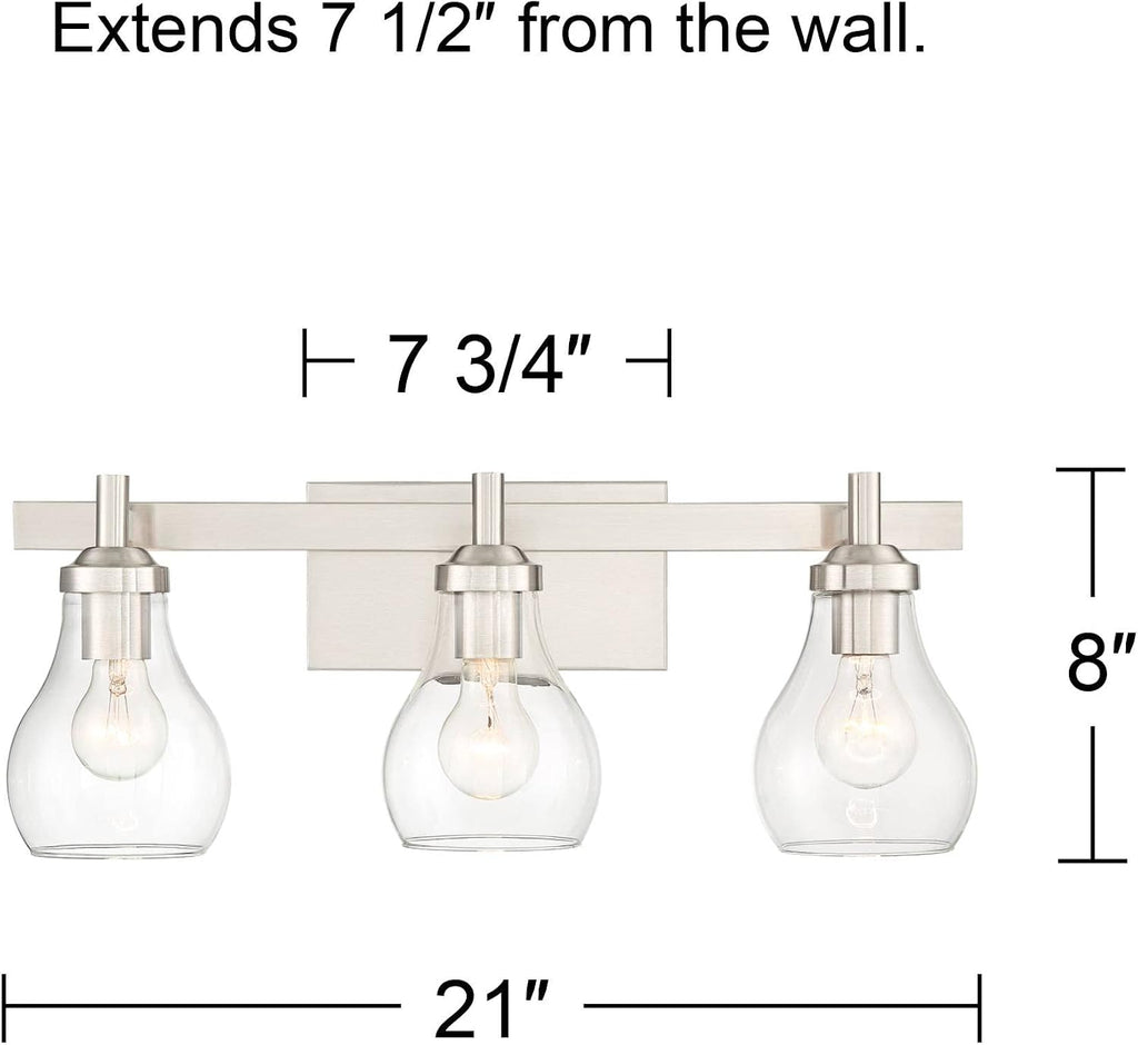 Possini Euro Design Danvers Modern Wall Mount Light Brushed Nickel Silver Hardwired 21' Wide 3-Light Fixture Clear Glass Globe Shade for Bathroom Vanity Mirror House Home Room Decor