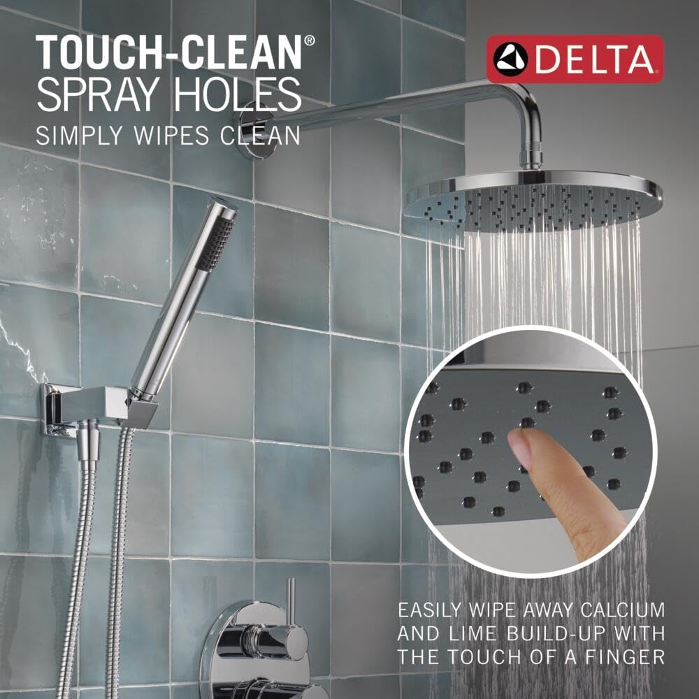 Delta Modern 14 Series Round Rain Shower System Faucet Set, Rainfall Chrome Shower Head and Handle Set, Valve Trim Kit, 10 Inch, Chrome 342702