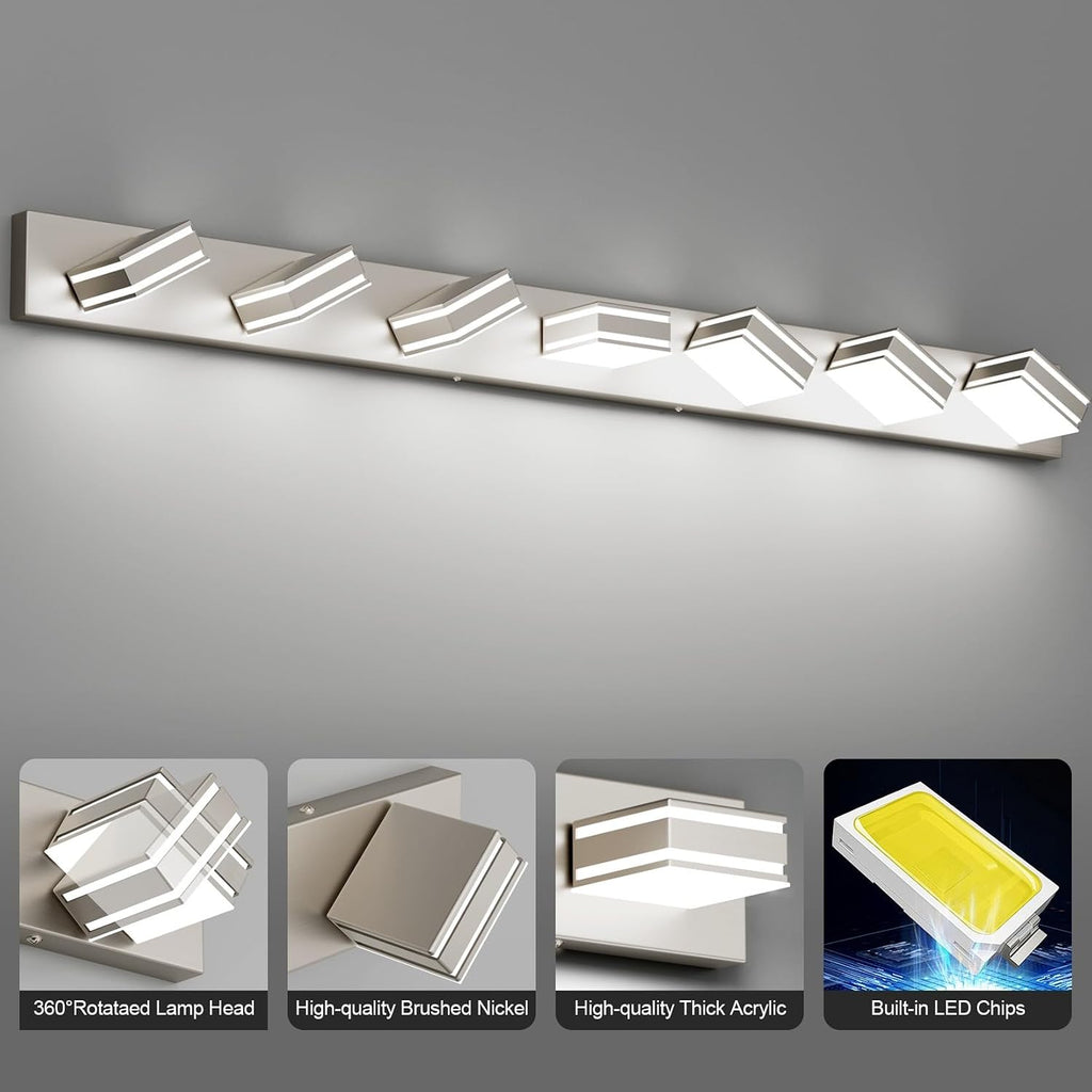Ralbay 55inch Brushed Nickel Vanity Light for Bathroom 7-Light Metal Acrylic Modern LED Bathroom Light Fixtures