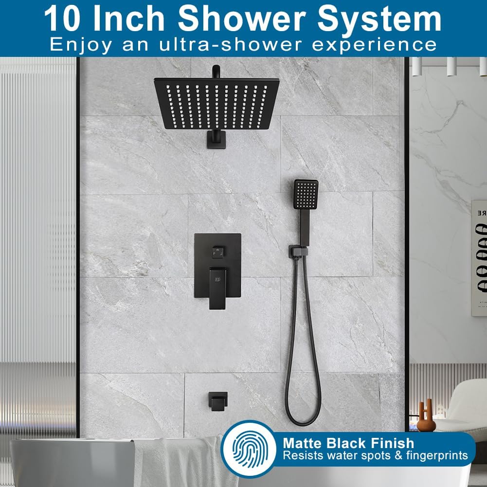 Matte Black Shower Tub Faucet Set Bathroom Rain Shower System with Tub Spout Wall Mounted Rainfall 10 Inch Shower Head and Handle Set Include Shower Valve and Trim Kit