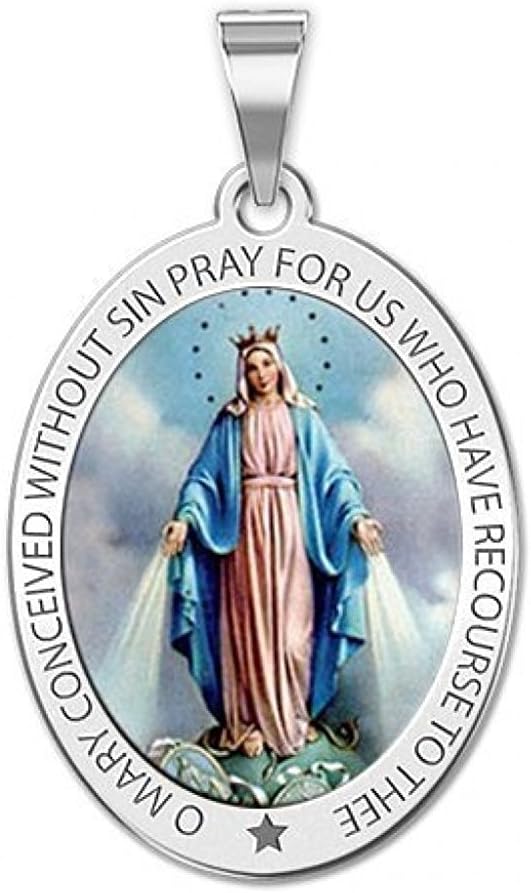 PicturesOnGold.com Miraculous Medal Oval Pendant in 10K/14K Yellow or White Gold & Sterling Silver - Unisex Christian Virgin Mary Pendant - Perfect for First Communion or Confirmation Gifts