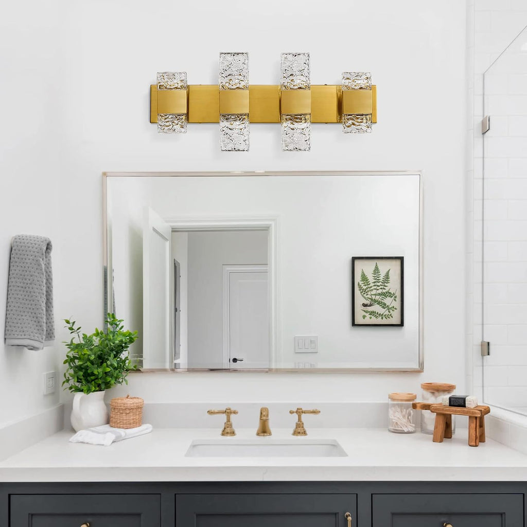Epinl Gold Bathroom Vanity Light Fixtures - Brushed Gold Vanity Light Bathroom Lighting Fixtures Over Mirror 40W Dimmable Crystal Wall Sconces 4 Light LED Modern Bathrooms Lights 4000K