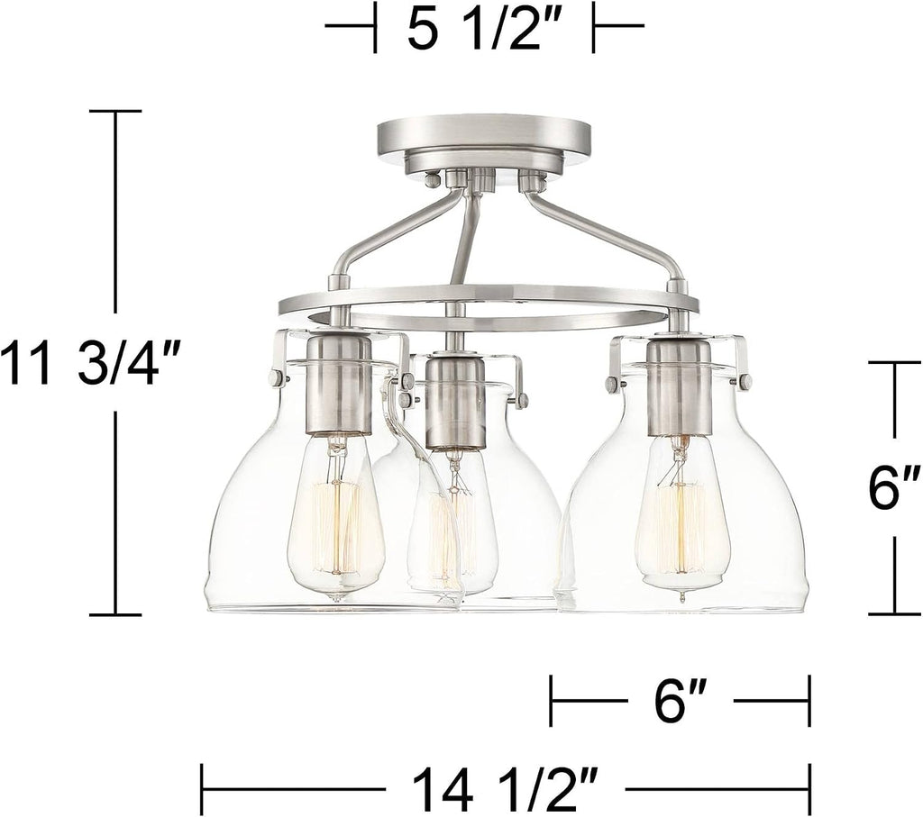 Possini Euro Design Bellis Modern Industrial Close to Ceiling Light Semi Flush Mount Fixture 14 1/2' Wide 3-Light Brushed Nickel Clear Glass Shade Bedroom Hallway Living Room Dining Room Bathroom