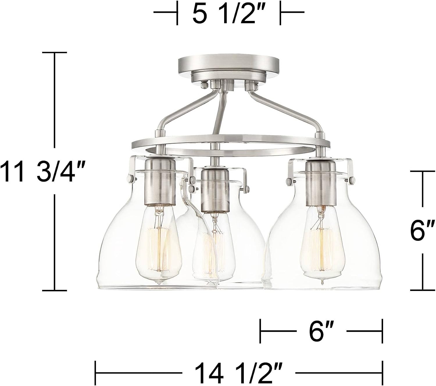 Possini Euro Design Bellis Modern Industrial Close to Ceiling Light Semi Flush Mount Fixture 14 1/2' Wide 3-Light Brushed Nickel Clear Glass Shade Bedroom Hallway Living Room Dining Room Bathroom