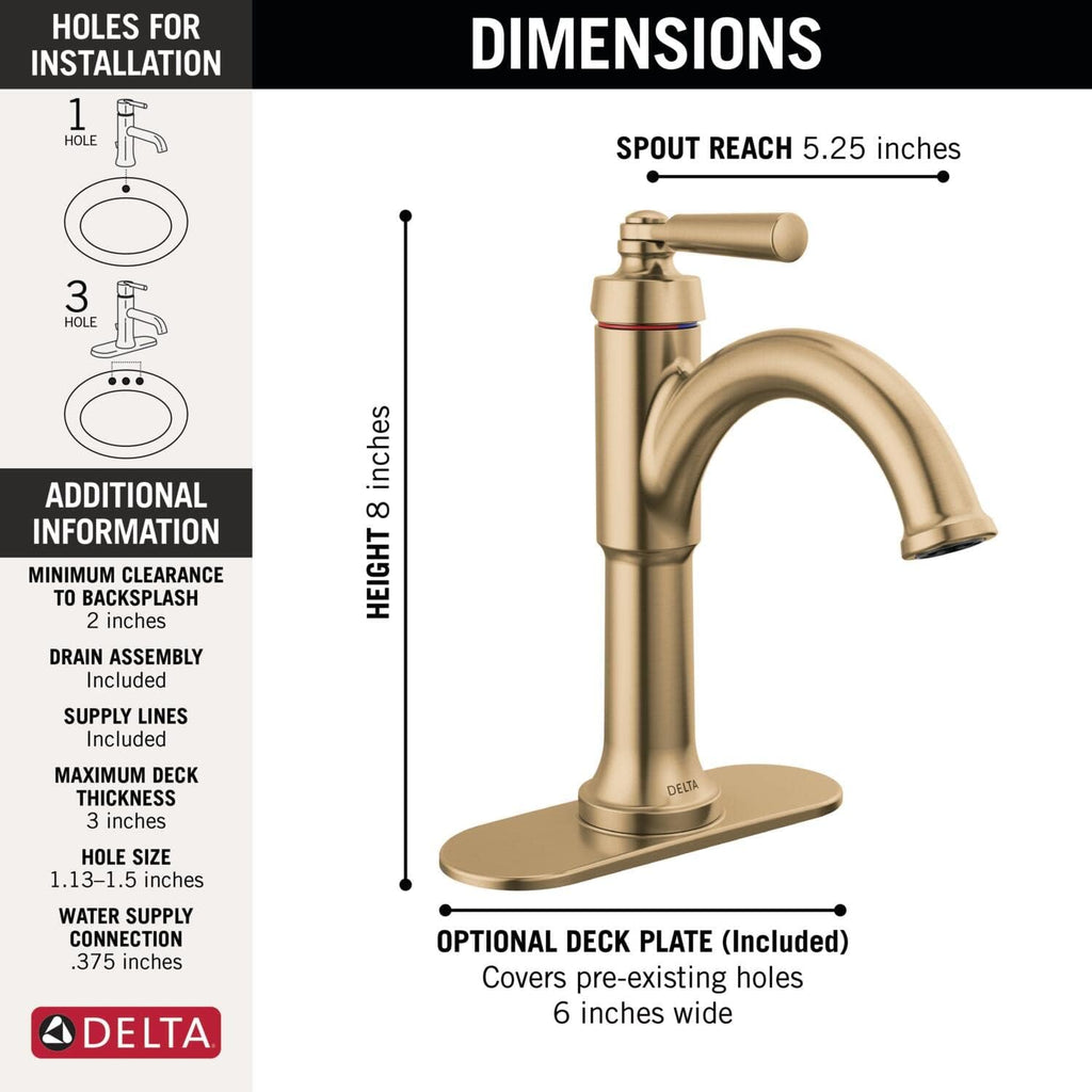 Delta Faucet Saylor Single Hole Bathroom Faucet, Gold Bathroom Faucet, Single Handle Bathroom Sink Faucet, Diamond Seal Technology, Drain Assembly, Champagne Bronze 535-CZMPU-DST