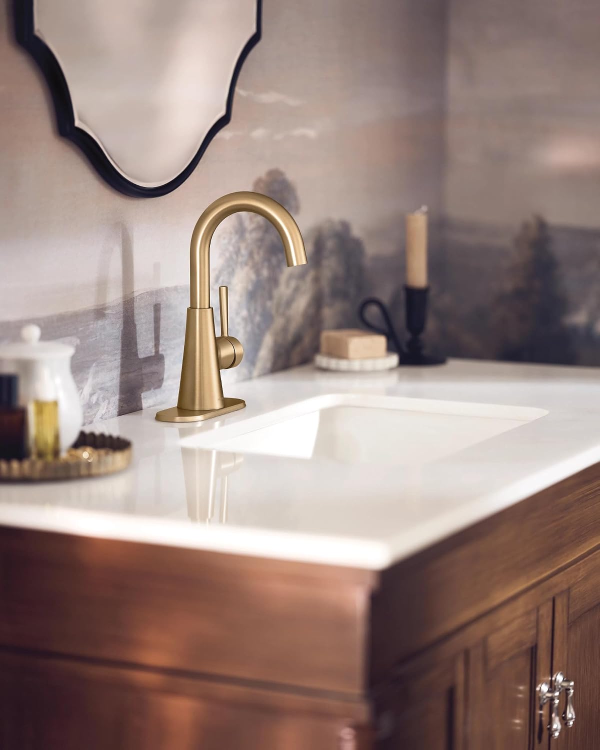 Moen Ronan One-Handle Bathroom Sink Faucet, Bronzed Gold | Single Hole, Optional Deckplate, Spring-Loaded Drain Assembly, 84021BZG