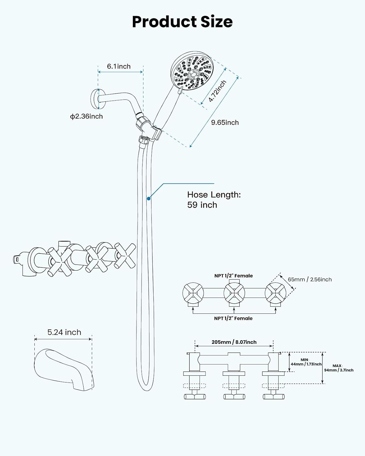gotonovo 3 Handle Tub Shower Faucet Set,Shower System with Tub Spout,Shower Head and Handle Set with 6 Settings Handheld Spray Tub and Shower Faucet Combo Wall Mount Tub Shower Fixture Brushed Nickel
