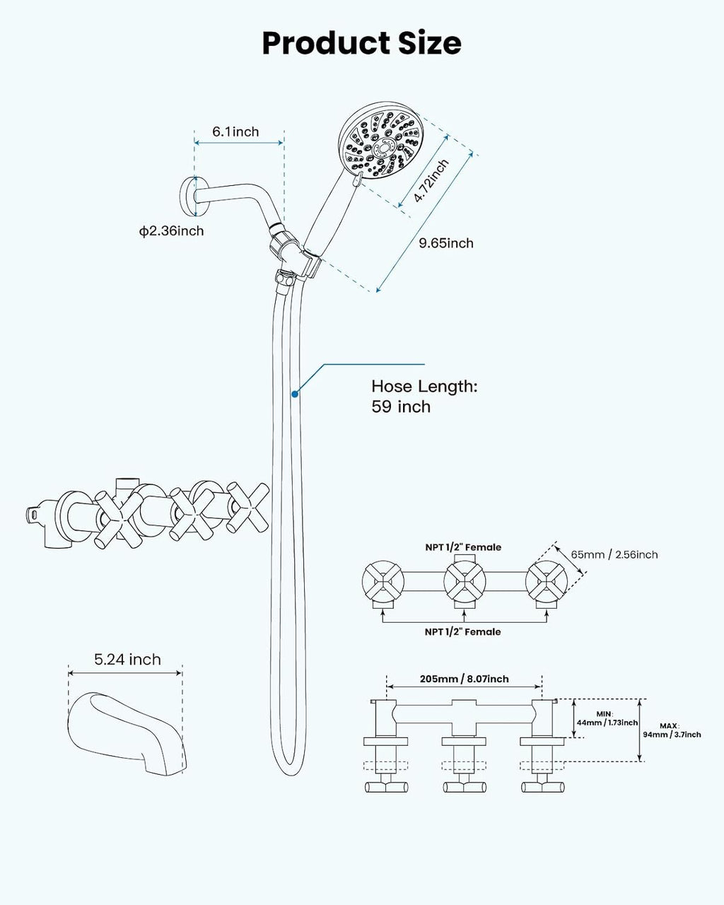 gotonovo 3 Handle Tub Shower Faucet Set,Shower System with Tub Spout,Shower Head and Handle Set with 6 Settings Handheld Spray Tub and Shower Faucet Combo Wall Mount Tub Shower Fixture Polished Chrome
