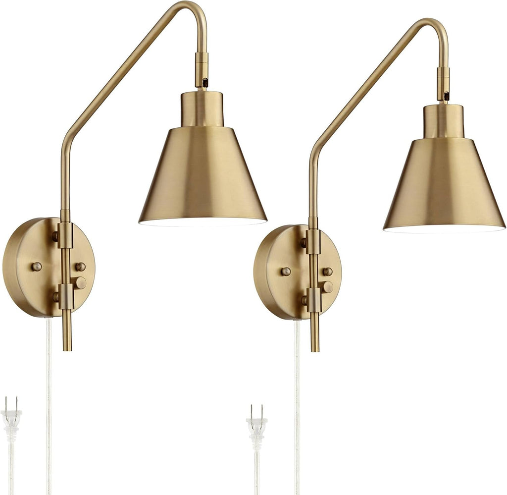 360 Lighting Marybel Modern Adjustable Swing Arm Wall Lamps Set of 2 Brass Gold Plug-in Light Fixture Tapered Cone Metal Shade for Bedroom Bedside House Reading Living Room Home Hallway
