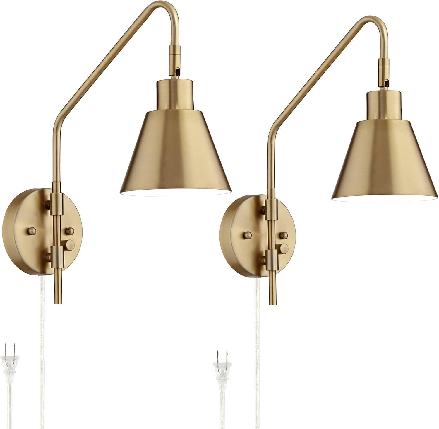 360 Lighting Marybel Modern Adjustable Swing Arm Wall Lamps Set of 2 Brass Gold Plug-in Light Fixture Tapered Cone Metal Shade for Bedroom Bedside House Reading Living Room Home Hallway