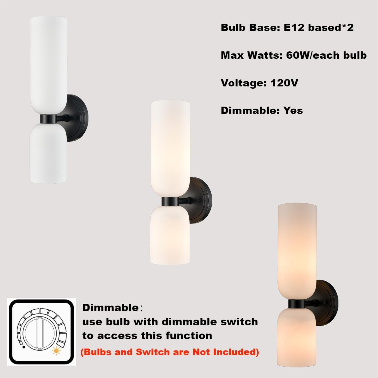 DEYNITE Black Wall Sconces Set of 2 Modern Farmhouse 2-Light Wall Light Bathroom Vanity Light,Milky White Glass Light for Bedroom, Living Room, Kitchen
