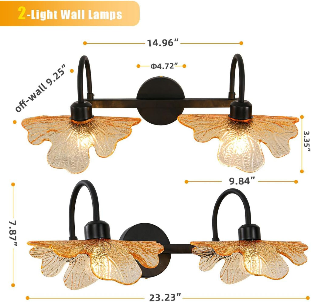 2 Light Bathroom Lighting Fixtures Amber Glass Shade, Easy Install | Wall Light, Sconce, Vanity Light, Glass Petals, Matte Black, Guest Bathroom, Vintage, 23.23', E26 Base, Bedroom, Living Room