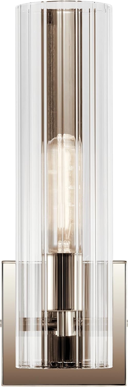 Kichler Jemsa 1 Light Wall Sconce, Modern Light with Clear Fluted Glass in Polished Nickel for Bathroom, Powder Room, Sides of Fireplace, Down a Hallway, Kitchen, or Bedroom (14' x 4.75'), 55165PN