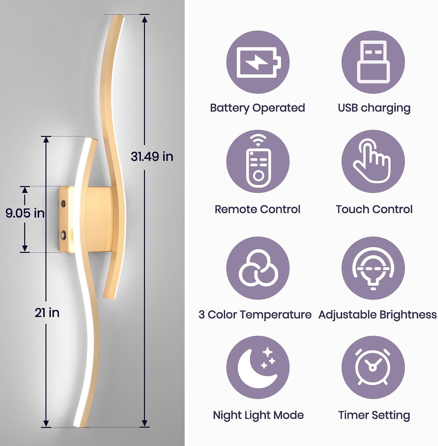 Modern LED Wall Sconce Set of Two, Battery Powered Wall Sconces Set of 2 with Timer, Gold Wall Light with Remote, LED Wall Lamp Indoor not Hardwired for Bathroom Living Room Bedroom Corridor