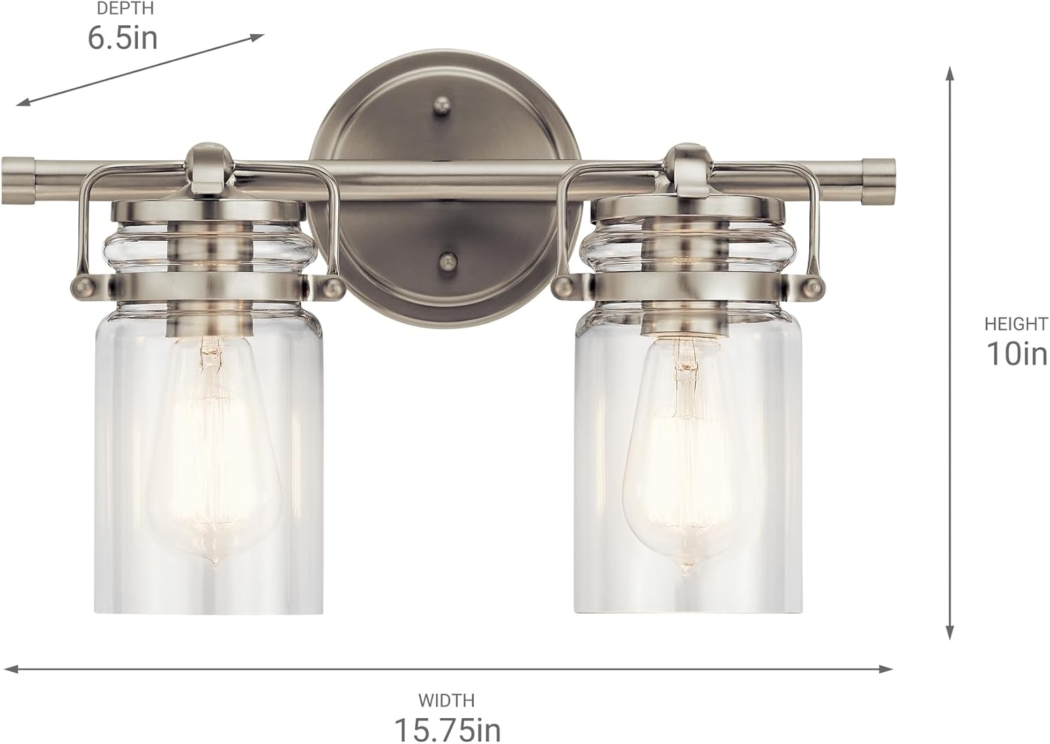 Kichler Brinley 15.75' Vanity Light in Brushed Nickel, 2-Light Farmhouse Bathroom Vanity Light with Clear Glass, (15.75' W x 10' H), 45688NI
