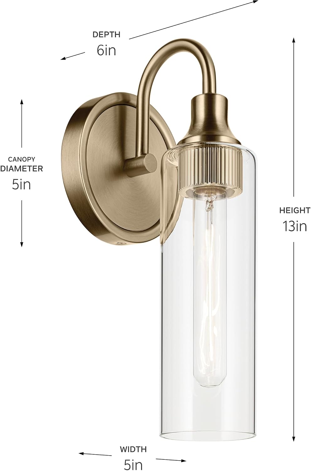 Kichler Kavi 5' 1-Light Wall Sconce Bathroom Vanity Light with Clear Glass in Champagne Bronze, Damp Rated for Bathroom, Powder Room, Kitchen, Hallway, Bedroom (5' W x 13' H), 55209CPZ