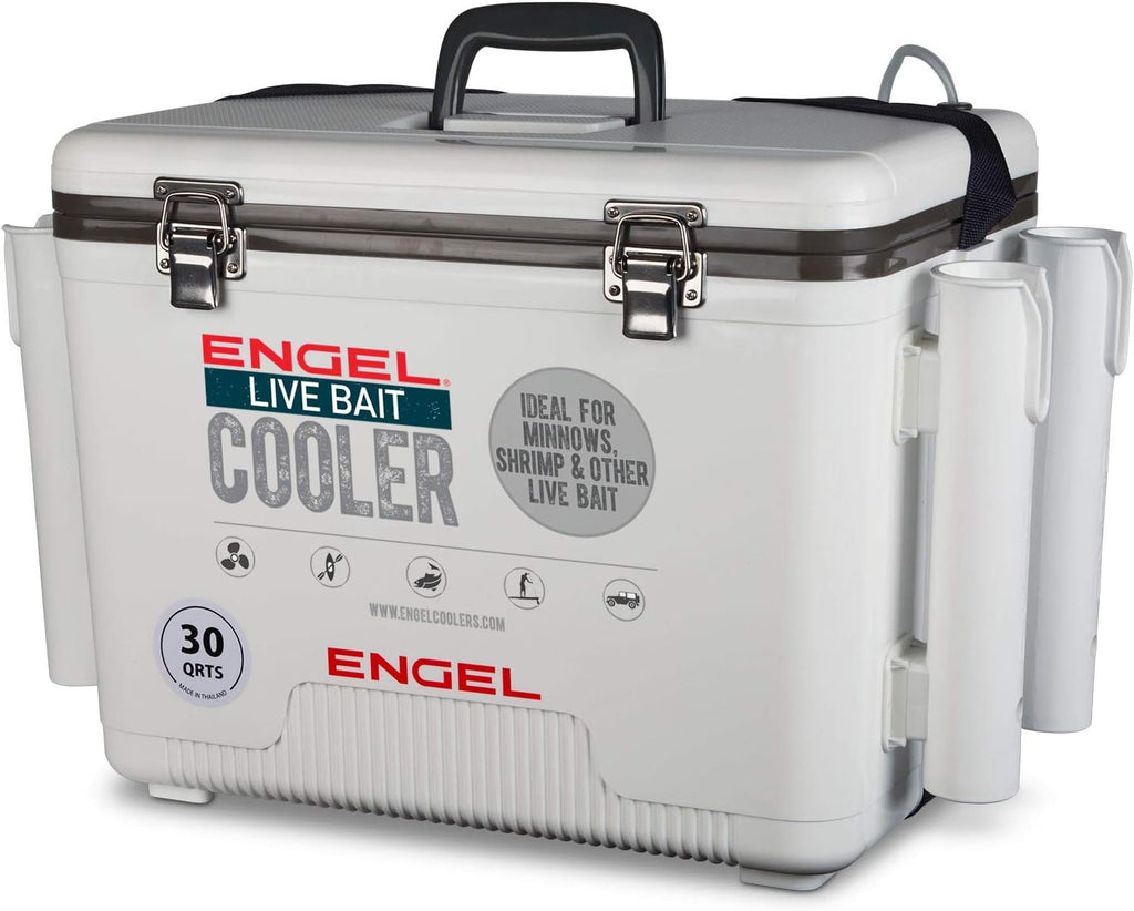 Engel 30qt Live Bait Cooler Box with 2nd Gen 2-Speed Portable Aerator Pump and 4 x Fishing Rod Holder Attachments. Fishing Bait Station and Minnow Bucket in LBC30-RH in White