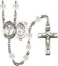 St. Sebastian/Cheerleading Silver-Plated Rosary 6mm April Crystal Fire Polished Beads Crucifix Size 1 3/8 x 3/4 medal charm