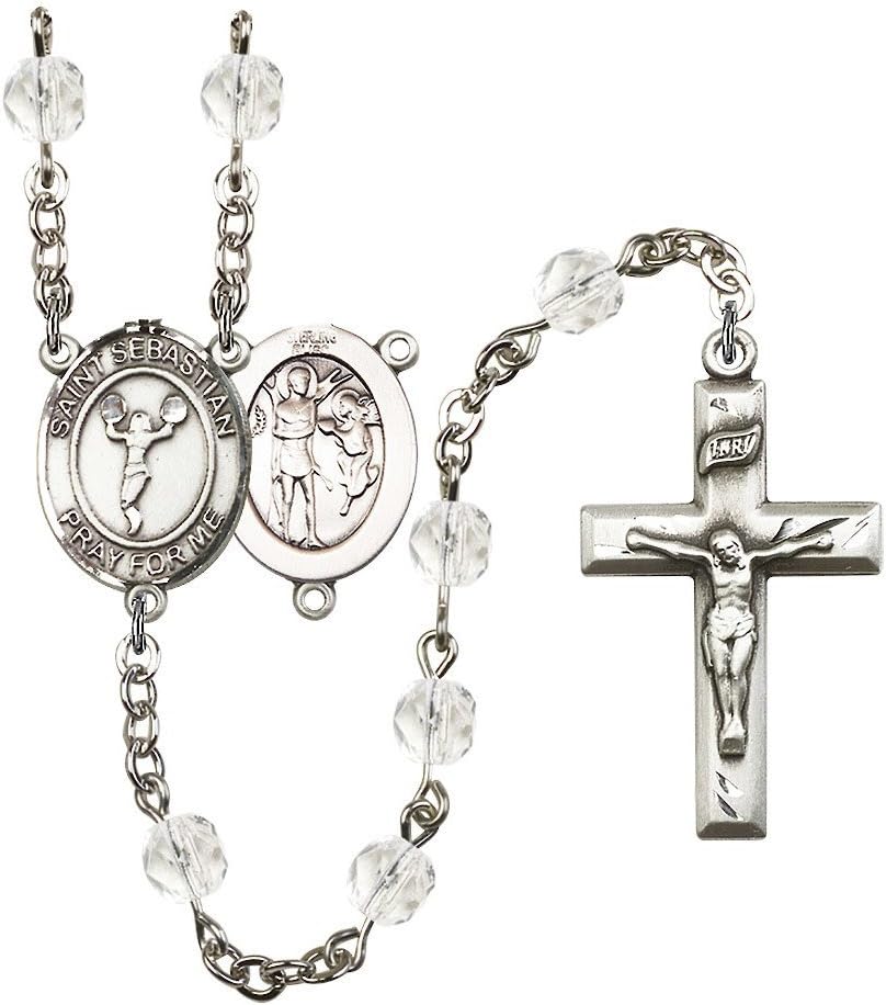 St. Sebastian/Cheerleading Silver-Plated Rosary 6mm April Crystal Fire Polished Beads Crucifix Size 1 3/8 x 3/4 medal charm