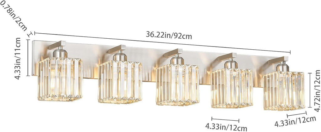 Modern Vanity Light 5-Lights Brushed Nickel Vanity Light Crystal Bathroom Wall Light Bathroom Light Fixtures