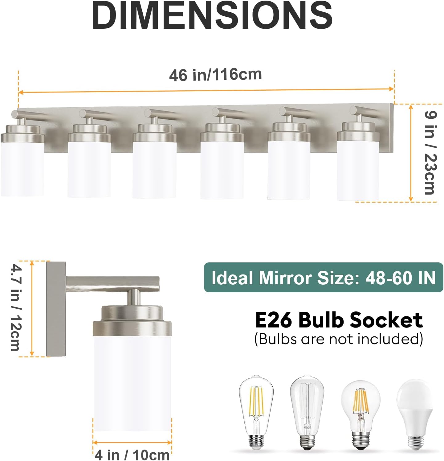 IZORRO Bathroom Vanity Light Fixture, 6-Light 46 Inch Brushed Nickel Bathroom Light Fixtures Over Mirror, with White Glass Shade, Modern Farmhouse Vanity Lights, Rustic Restroom Lighting Fixtures