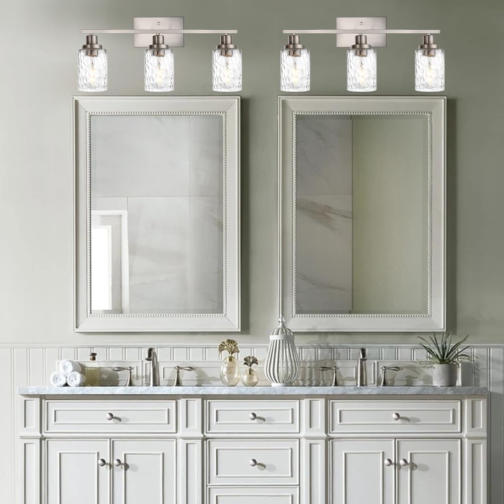 MELUCEE 3-Light Bathroom Lights Modern Vanity Lights Brushed Nickel Finish with Hammered Glass Shade, Industrial Wall Light Fixture for Bedroom Living Room Kitchen (Patent No.: US D963914 S)