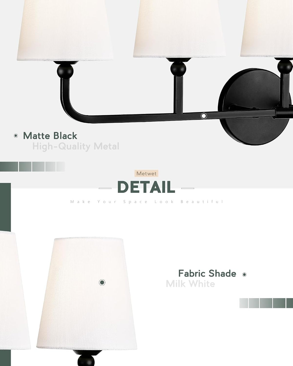 Bathroom Light Fixtures, 5 Light Matte Black Vanity Lights with Flared White Fabric Shade, 35 Inch Wall Sconce, Modern Sconces Wall Lighting for Hallway Bedroom, VL837-MB-5