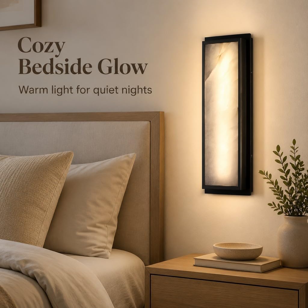 2 Pack 20 Inch Natural Alabaster Bathroom 20W-3000K LED Home Wall Sconce Modern Concise Style Wall Light Fixture,Black Finish for Bedroom Hallway Bedside Living Room