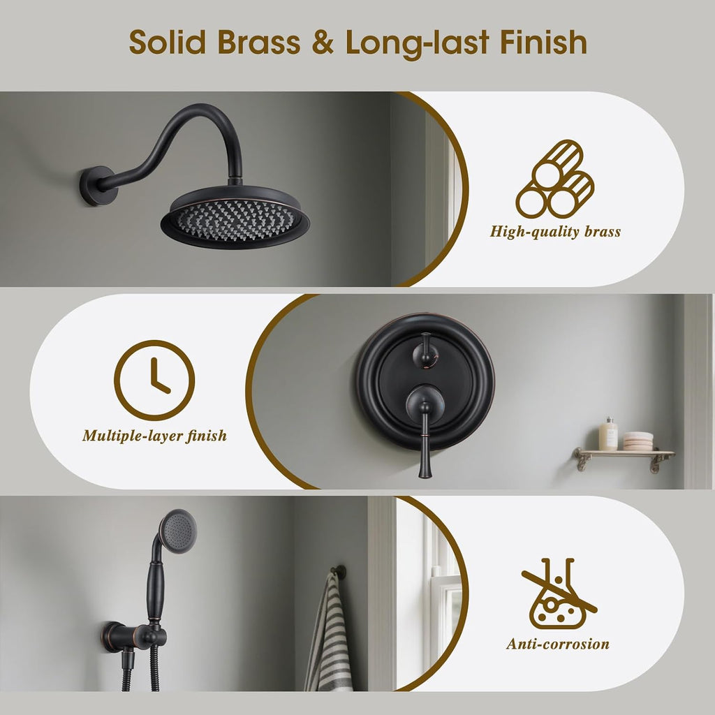 Rain Shower Head with Handheld Spray, Rainfall Shower System with Rough-in Valve, Shower Faucet Set, 9 Inch Luxury Shower Trim Kit Wall Mount, Oil Rubbed Bronze