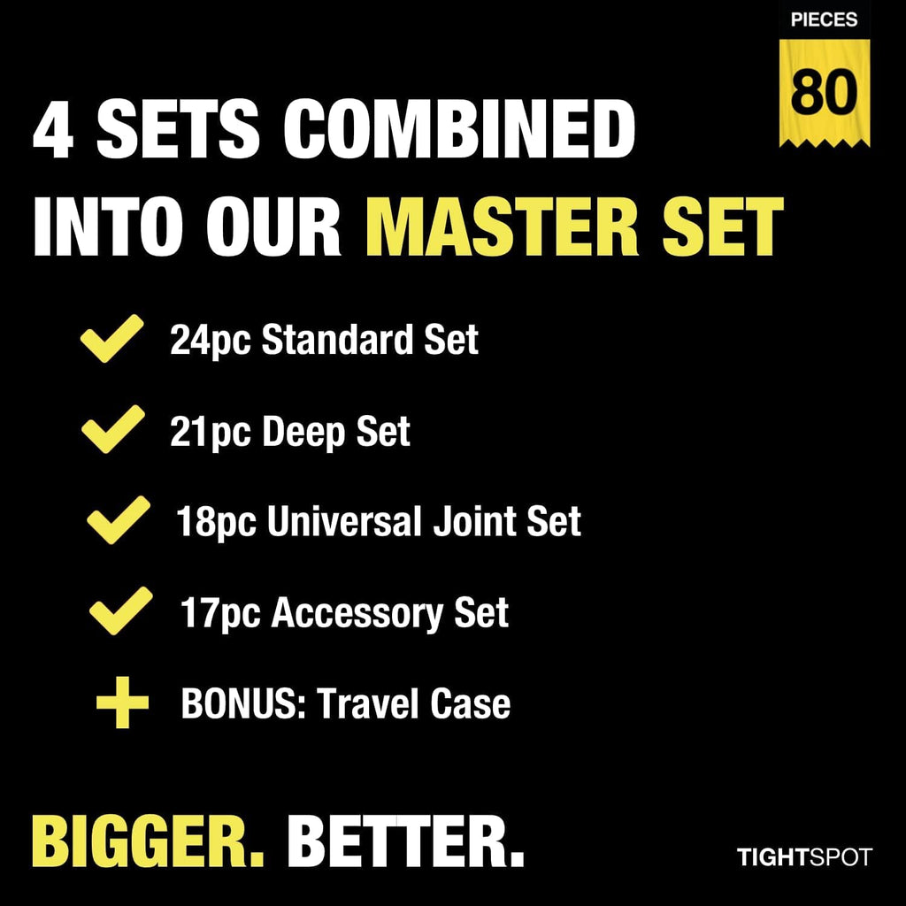 TIGHTSPOT 1/4' Drive 80pc Impact Socket MASTER SET, our Most Complete Set Ever with SAE & Metric from 3/16 Inch - 9/16 Inch, 4mm - 15mm, Standard/Deep/Universal & Torx & Inverted Torx Sockets & More