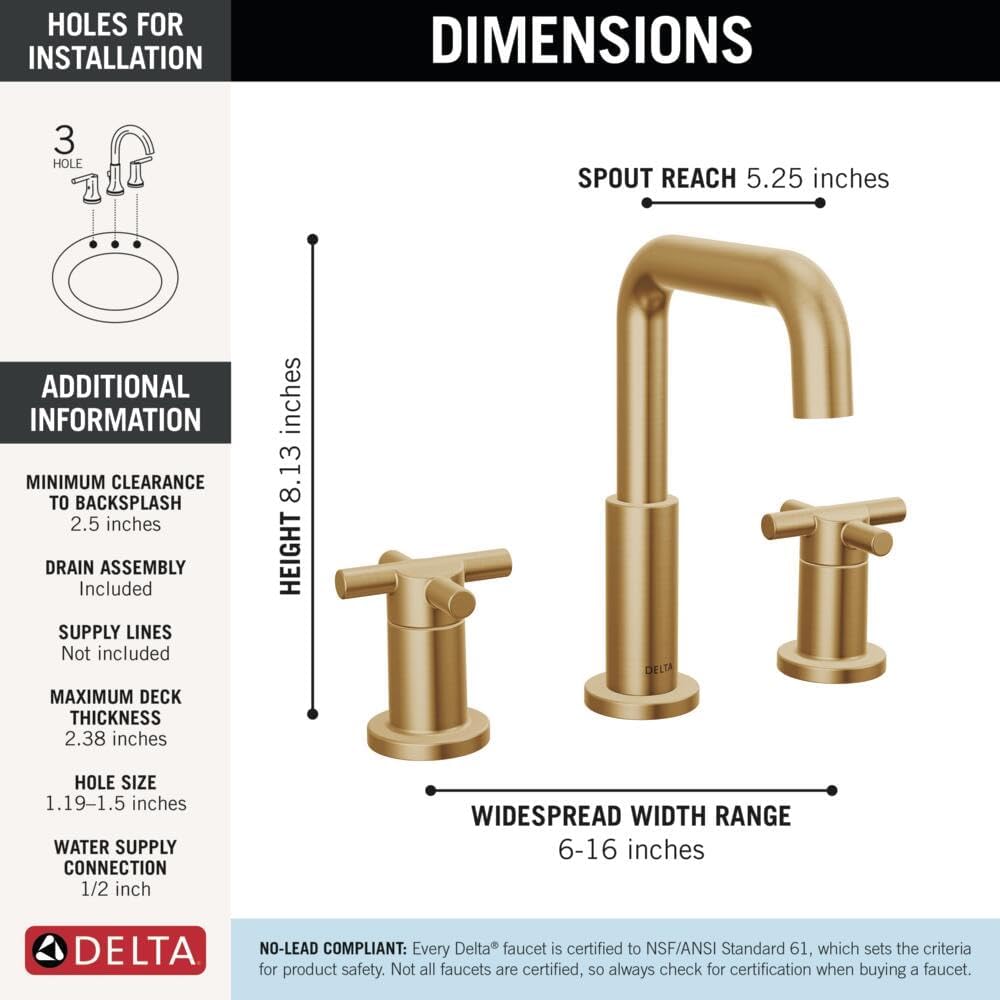 Delta Nicoli Brushed Gold Bathroom Faucet 3 Hole, 8 Inch Widespread Bathroom Sink Faucet for Vanity, Push-Pop Drain Assembly, Champagne Bronze 35894LF-CZ