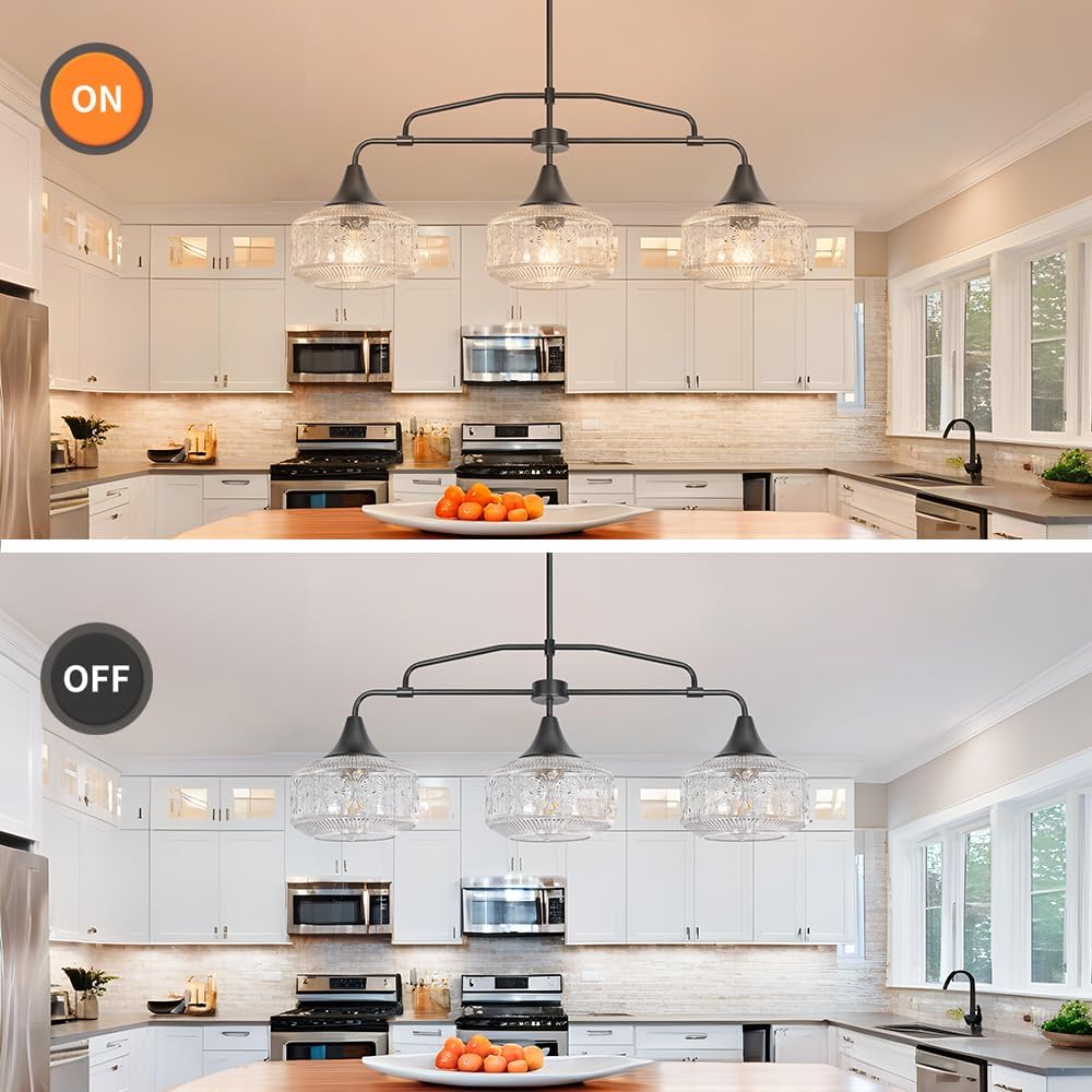 Farmhouse Kitchen Island Lighting, Black 3-Light Island Light for Kitchen, Adjustable Dining Room Light Fixture Over Table, Linear Chandelier Pendant Lighting with Clear Glass for Living Room Sink
