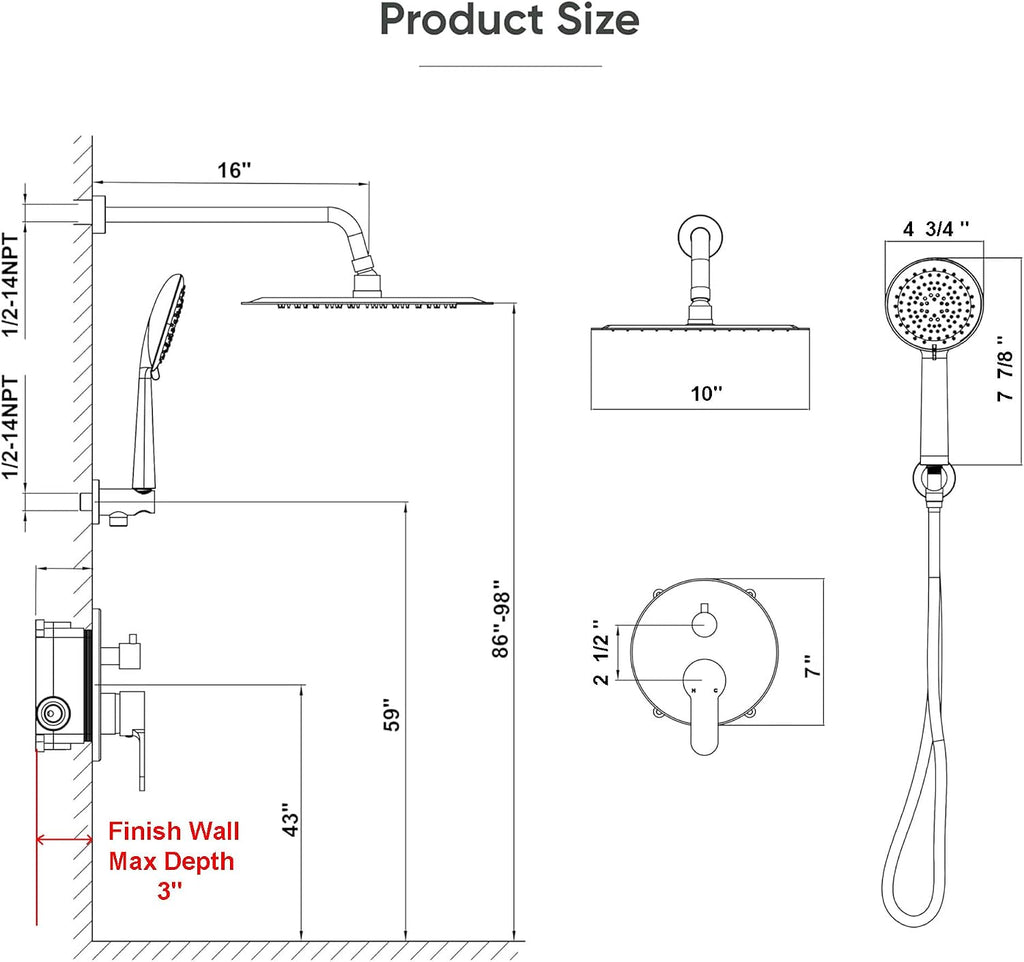 Gabrylly Shower System Black, Pressure Balance Shower Faucet Set, 10' Stainless Steel Rain Shower head with 5-Mode Handheld Shower Spray Combo,High Pressure Rainfall Shower Head Set, Matte Black