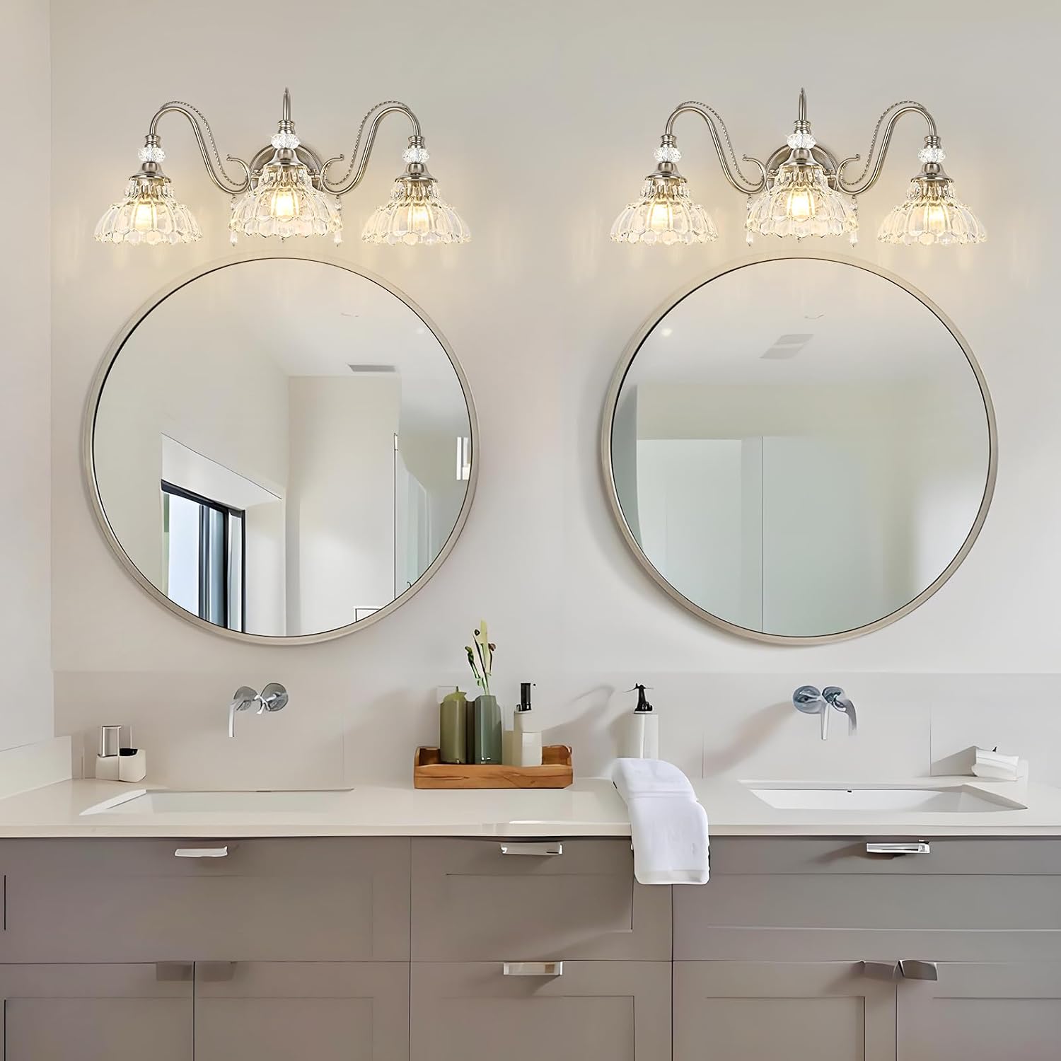 Brushed Nickel Bathroom Vanity Light, 3-Light Nickel Finish Wall Sconce with Hanging Crystal Accents and Flower-Shaped Clear Glass Shades, Modern Wall Mount Vanity Light Over Mirror for Bathroom