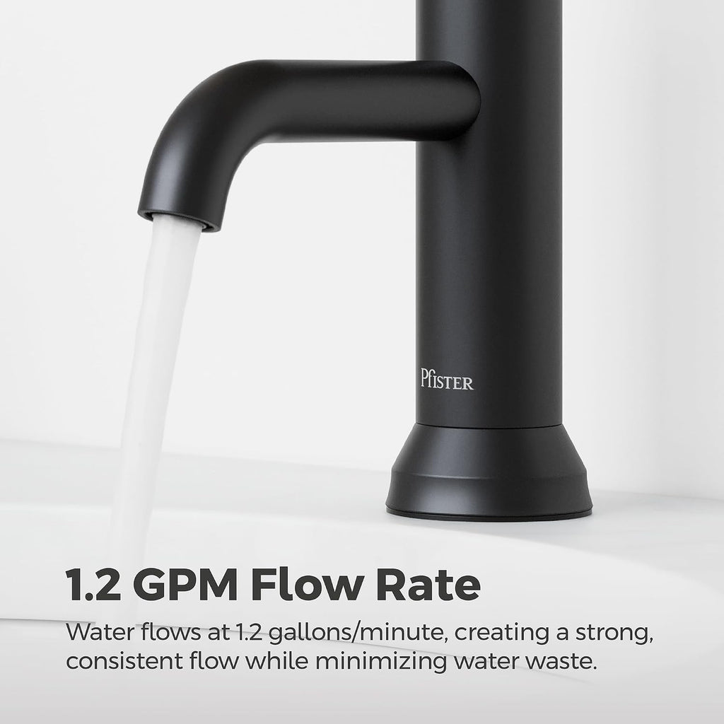 Pfister Capistrano Single Handle Bathroom Sink Faucet 1 Hole Matte Black Vanity Faucet with Push & Seal Drain NSF Certified Water-Efficient TiteSeal Technology LF042CSOSDB