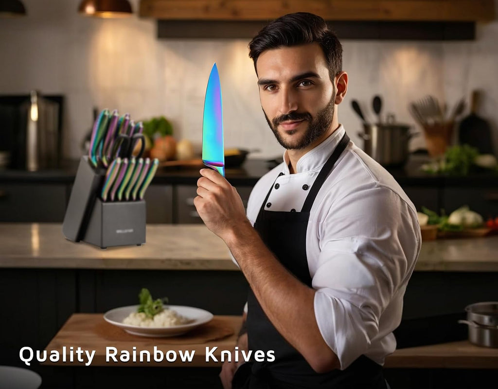WELLSTAR Rainbow Knife Set 14 Pieces, Iridescent German Stainless Steel Kitchen Knives Set with Wooden Block, Colorful Titanium Coating, Chef's Knife Block Set with Scissors and Built-in Sharpener