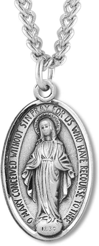 Heartland Store Men's Sterling Silver Classic Miraculous Medal Etched Border Necklace + USA Made + Chain Choice