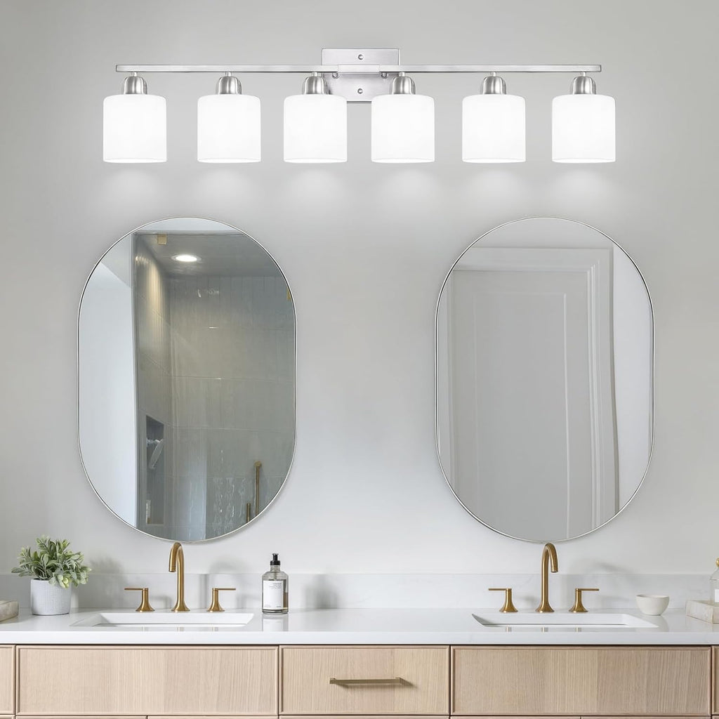 Large Bathroom Vanity Light Fixture, 6 Light Anti-Rust Finish with Milky White Frosted Glass Shades, 38 Inch Bath Light Above Mirror Light Fixture
