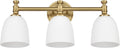 Gold Bathroom Vanity Light, 3-Light Bathroom Light Fixtures Over Mirror, Traditional Vanity Lights for Living Room, Milk White Bell Glass Shades, Standard E26 Base, Aged Brass