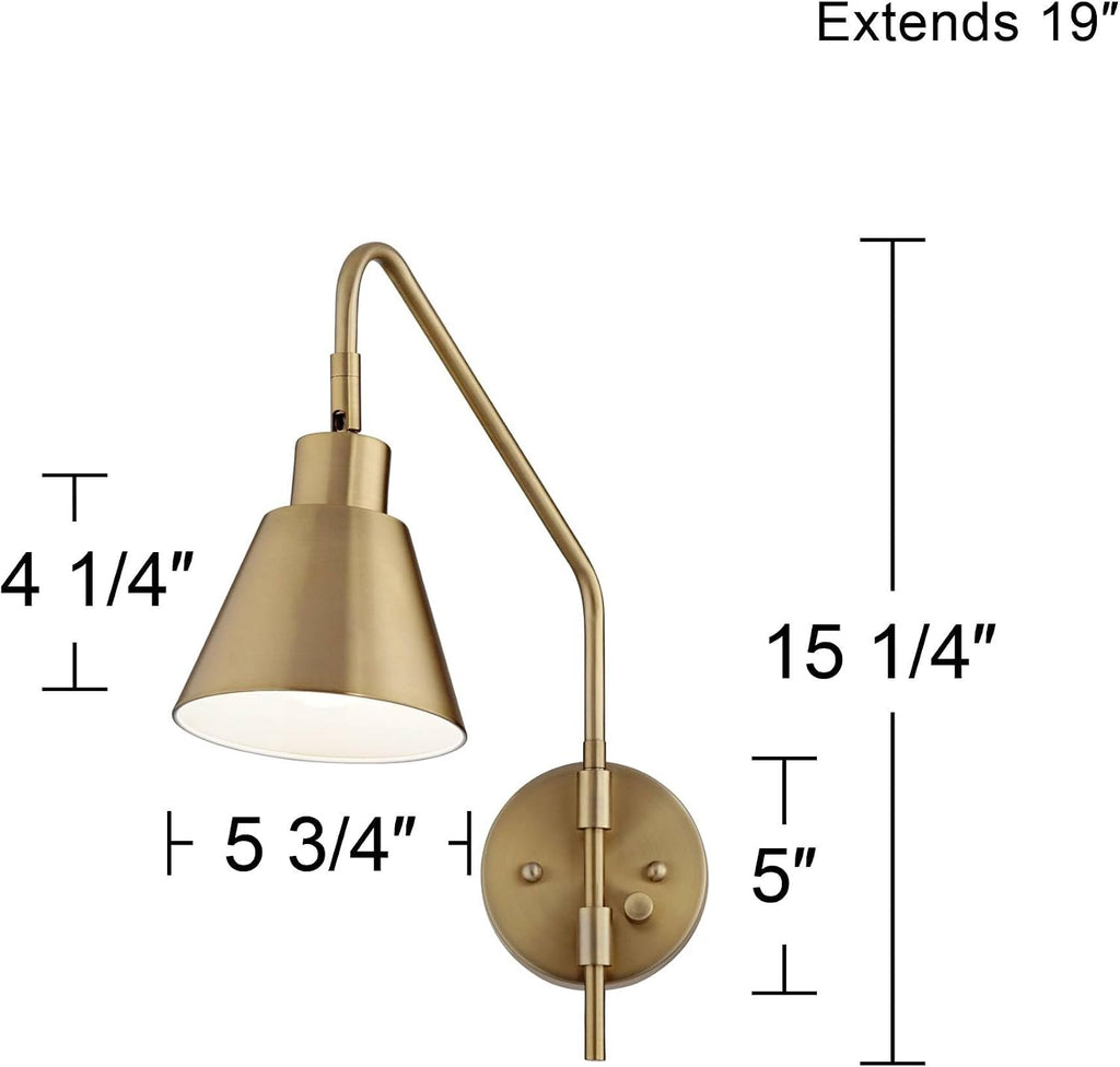 360 Lighting Marybel Modern Adjustable Swing Arm Wall Lamps Set of 2 Brass Gold Plug-in Light Fixture Tapered Cone Metal Shade for Bedroom Bedside House Reading Living Room Home Hallway