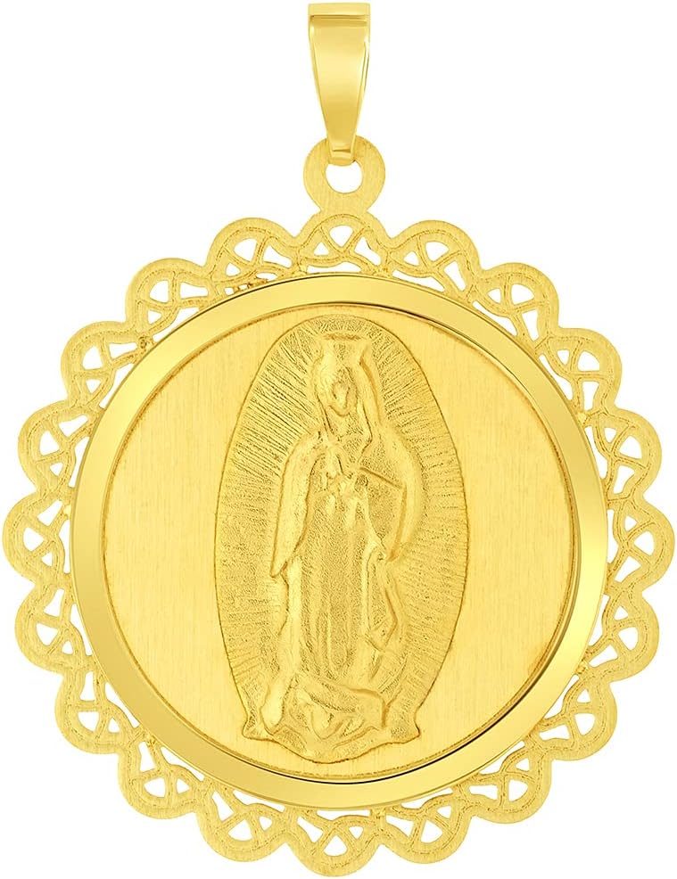 Jewelry America 14k Yellow Gold Round Ornate Miraculous Medal of Our Lady of Guadalupe Pendant (1')