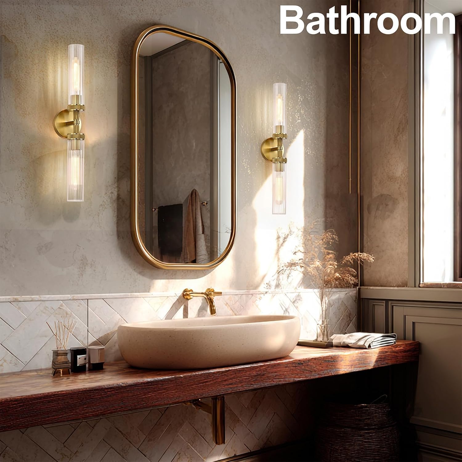 LaLuLa 2-Light Gold Bathroom Vanity Light Fixtures 2-Pack – Hardwired Wall Sconces with Rippled Glass Shades and Textured Metal Frame, Modern Vanity Lighting for Mirror, Bedroom, or Hallway, 25'