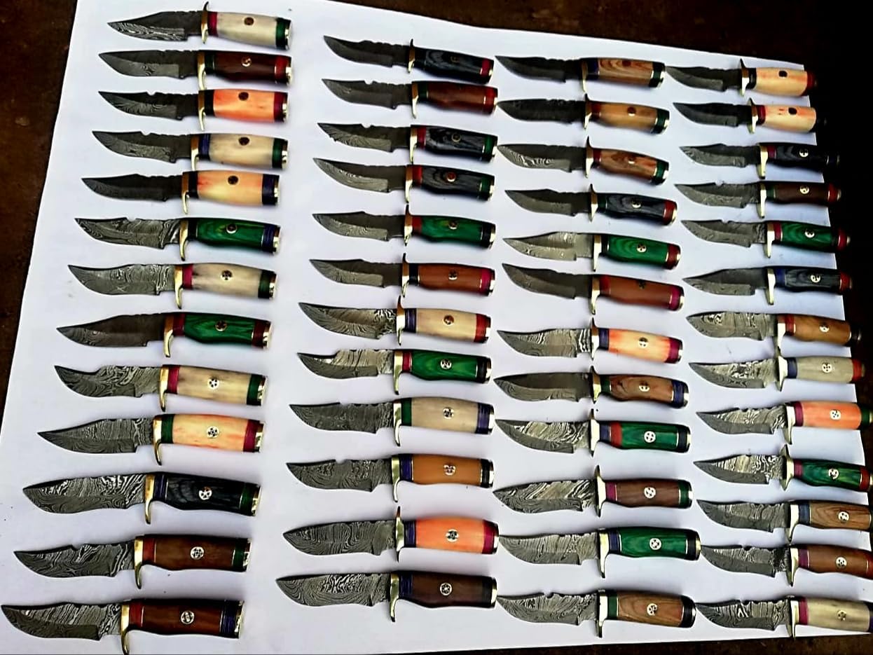 6' Handmade Damascus Hunting Knives with Leather Sheath, Free Hand Stitched, Wholesale Kinfes (20 Knives)