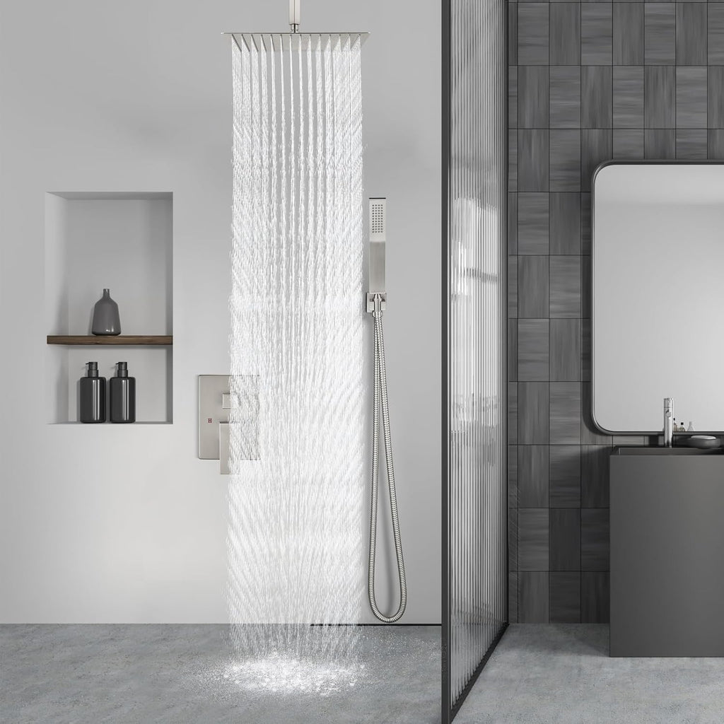 Aolemi Ceiling Mount Shower System Rain Shower Head with Handheld Spray High Pressure Shower Faucet Set Rough-in Valve Shower Trim Kit Included Bathroom Brushed Nickel 16 Inch Ceiling Shower Head