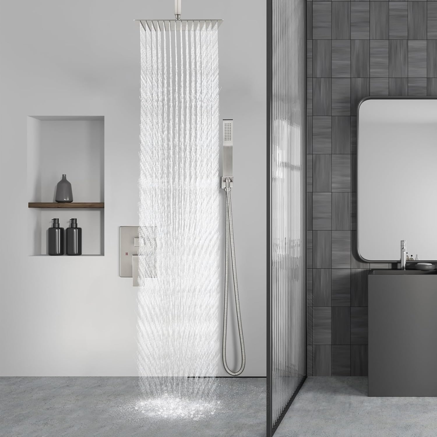 Aolemi Ceiling Mount Shower System Rain Shower Head with Handheld Spray High Pressure Shower Faucet Set Rough-in Valve Shower Trim Kit Included Bathroom Brushed Nickel 16 Inch Ceiling Shower Head