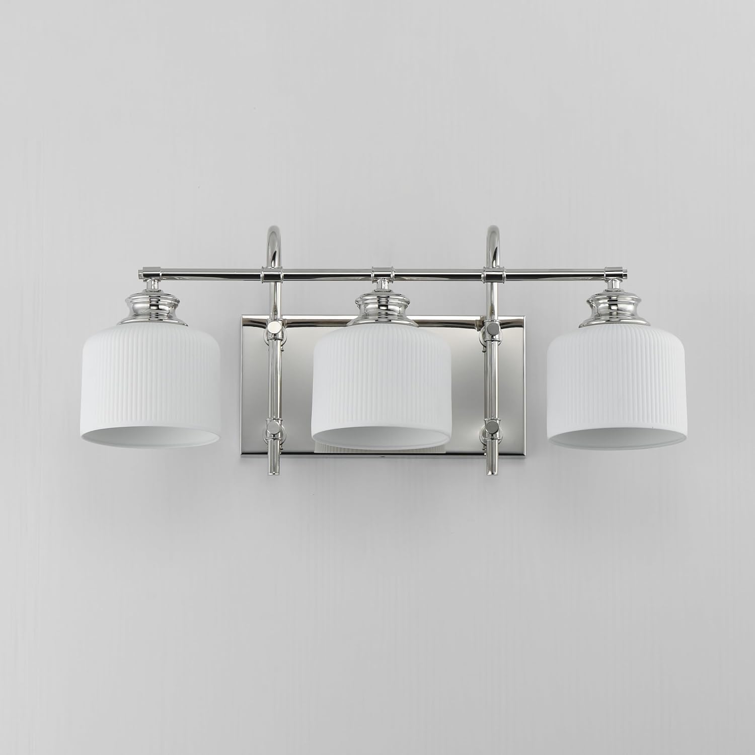 Maxim Lighting Bisque 24' 3-Light Bath Vanity | Polished Nickel Finish | White Ribbed Bisque Ceramic Shades | Modern Bathroom Wall Light | 21493WTPN