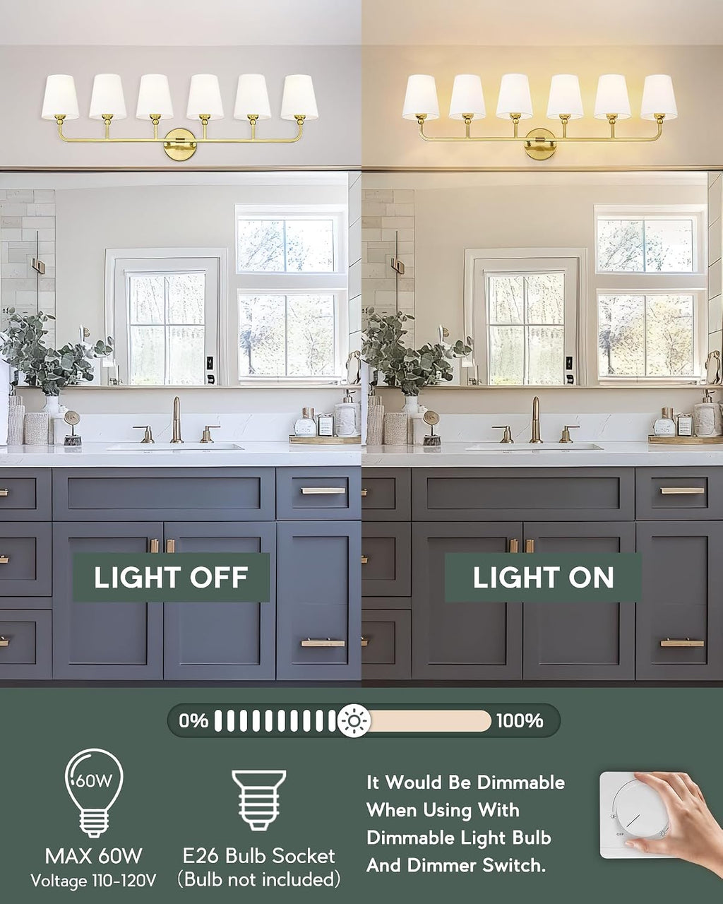 Bathroom Light Fixtures, 42 Inch Brushed Gold Vanity Lights with Flared White Fabric Shade, 6-Light Wall Sconce, Modern Sconces Wall Lighting for Hallway Bedroom, VL837-BG-6