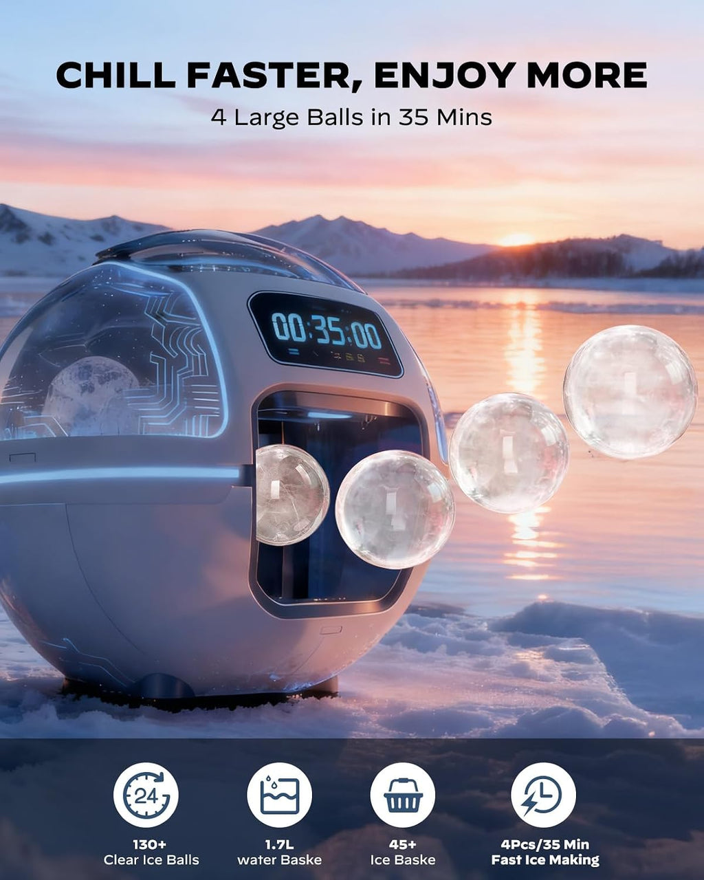 Silonn 2' Sphere Clear Ice Maker Countertop, Slow-Melting Crystal Ice Balls for Whiskey, 4 Pcs in 35 Mins / 144 Pcs/Day, Rapid Sphere Technology, One-Click Self-Cleaning, Ideal for Bourbon