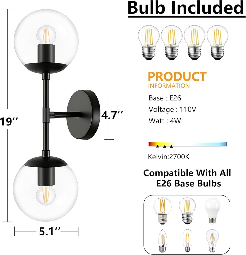KoKo&Yukina 2 Pack Mid Century Modern Bathroom Vanity Light Matte Black Vanity Lighting Fixtures Modern Wall Sconce 2-Lights Globe Vanity Light with Clear Glass Shade for Bathroom(Bulb Incl.)
